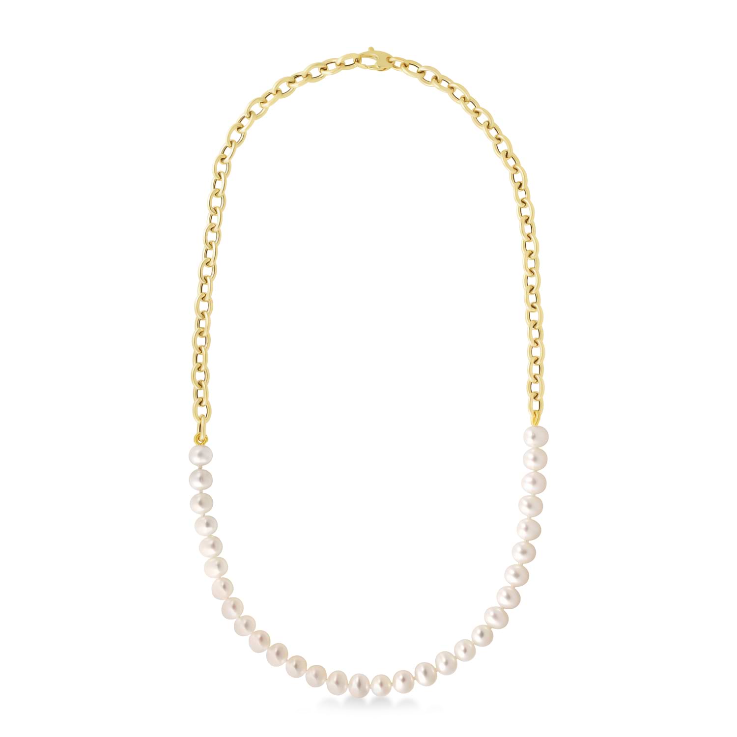 White Cultured Pearl String Rolo Link Necklace 14k Yellow Gold