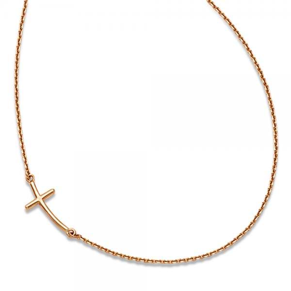 Small Sideways Curved Cross Pendant Necklace in 14k Rose Gold
