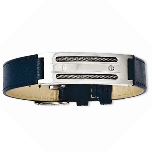 Men's Stainless Steel Blue Genuine Leather Adjustable Buckle Bracelet