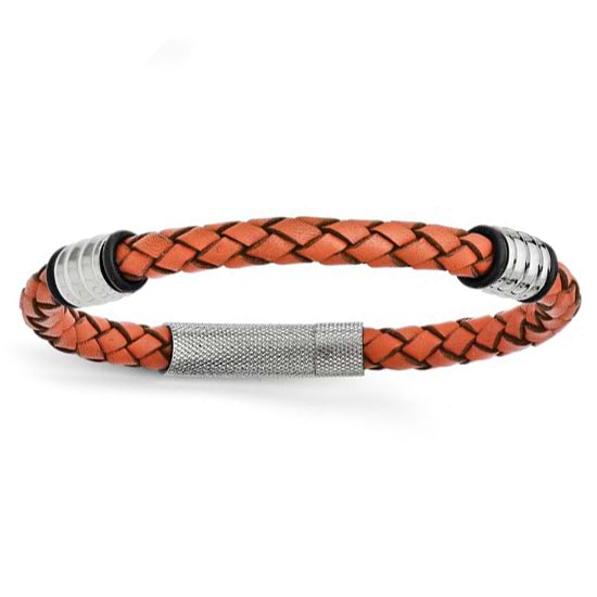 Men's Stainless Steel Polished Orange Genuine Leather Bracelet