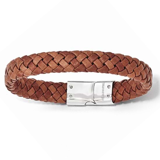 Men's Woven Brown Genuine Leather Stainless Steel Bracelet