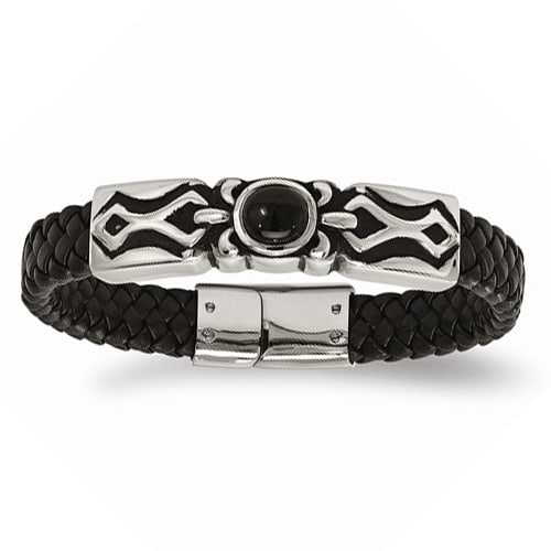 Men's Onyx & Black Genuine Leather Antiqued Leather Bracelet