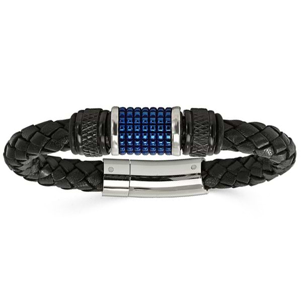Men's Black Genuine Leather Bracelet w/ Blue Stainless Steel