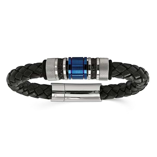 Men's Blue Stainless Steel Black Braided Genuine Leather Bracelet