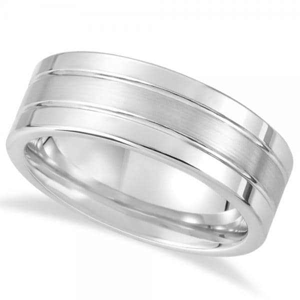 Men's Flat Ridged Wedding Ring Band in White Tungsten (8.3mm)