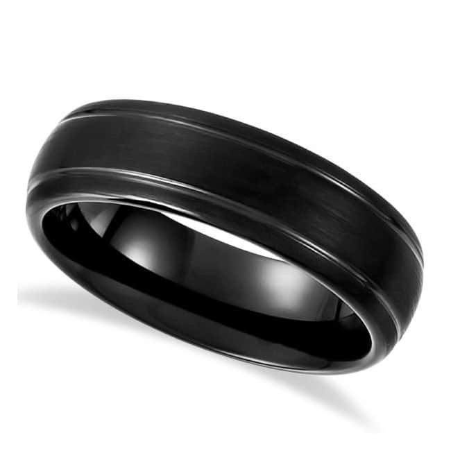 Men's Grooved Wedding Ring Band in Black PVD Tungsten (7.3mm) - RE1045