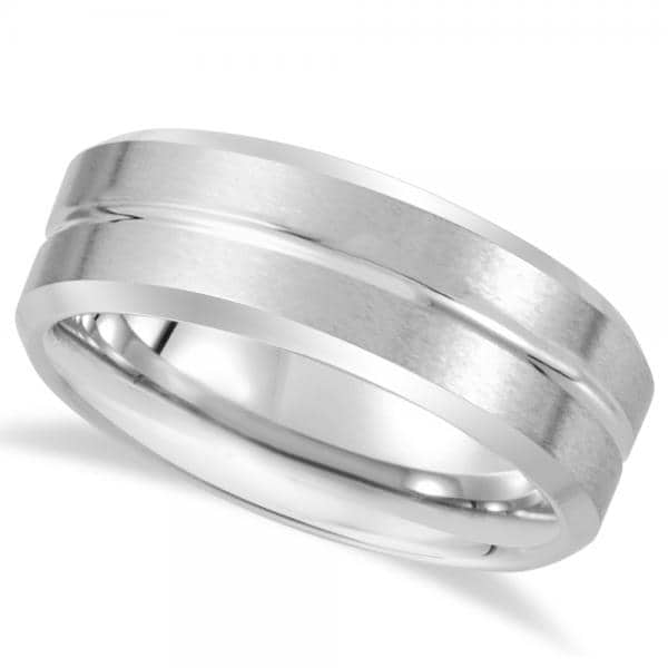 Men's Beveled Band with Grooved Center in White Tungsten (8.3mm)