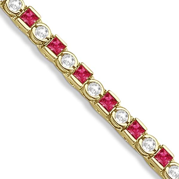 Princess Cut Ruby & Round Diamond Tennis Bracelet 14k Y. Gold 1.60ct