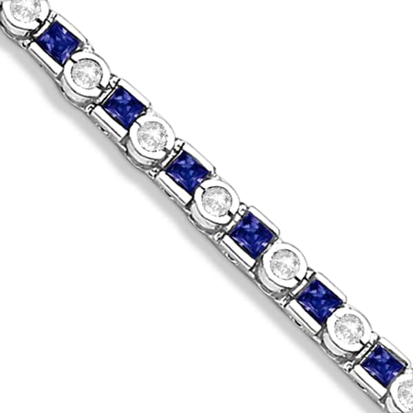 Princess Cut Sapphire & Diamond Tennis Bracelet 14k W. Gold 1.60ct
