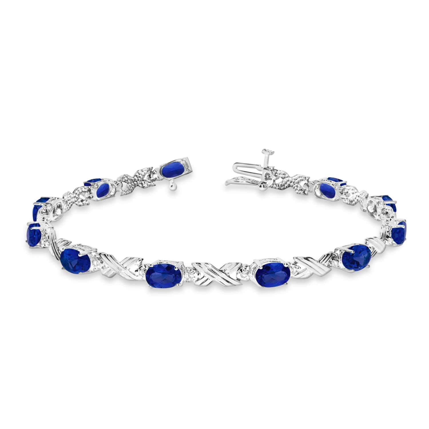 Blue Sapphire & Diamond XOXO Link Bracelet in 14k White Gold (6.65ct)