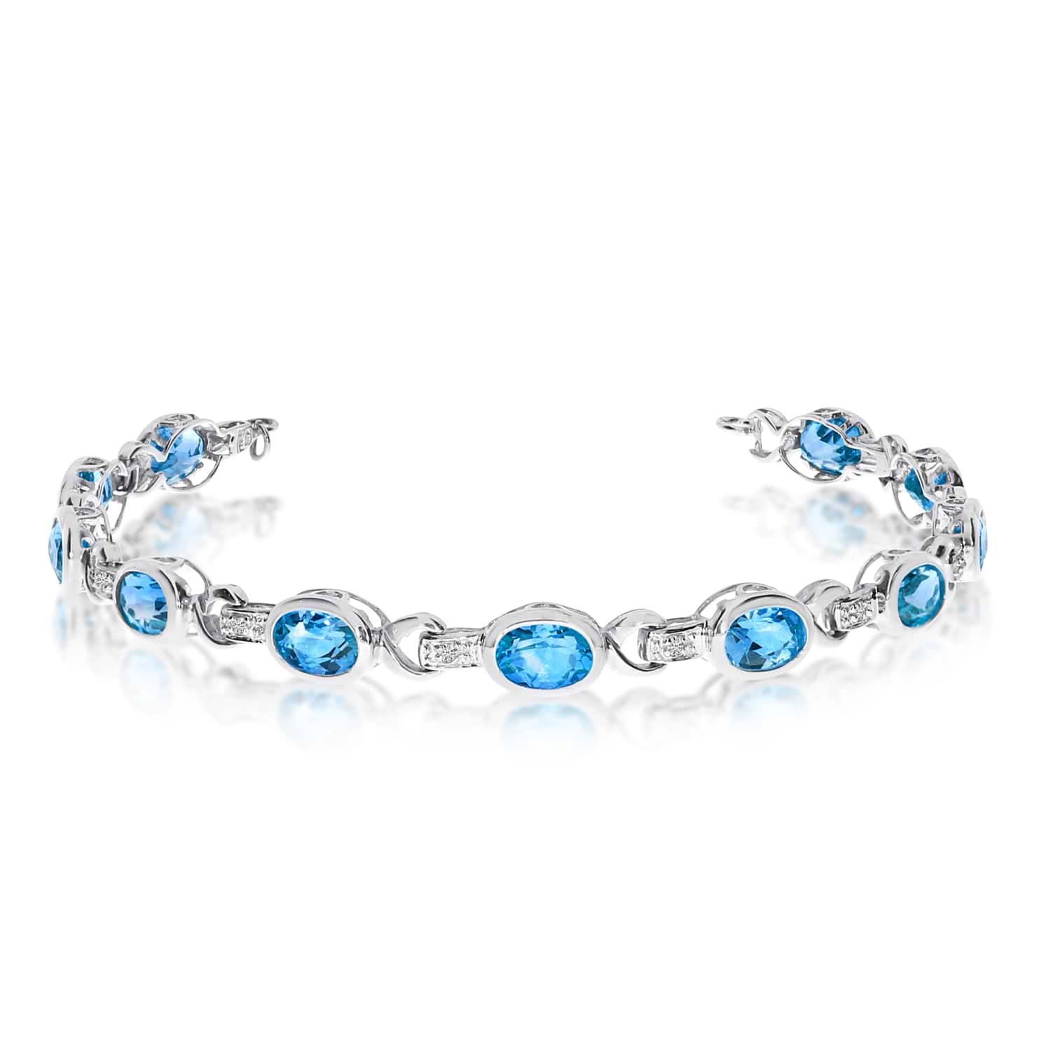 Oval Blue Topaz & Diamond Link Bracelet 14k White Gold (9.62ctw)