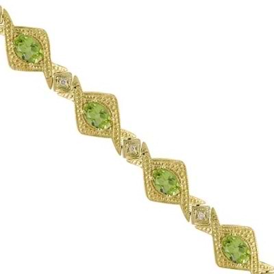 Antique Style Peridot & Diamond Link Bracelet 14k Yellow Gold (5.63ctw)