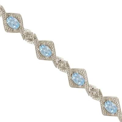 5.63ct Antique Style Aquamarine & Diamond Link Bracelet 14k White Gold