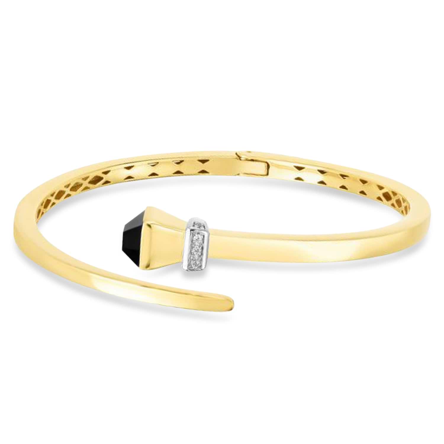 Onyx & Diamond Wrap Hardware Bangle Bracelet 14K Yellow Gold (0.05ct)