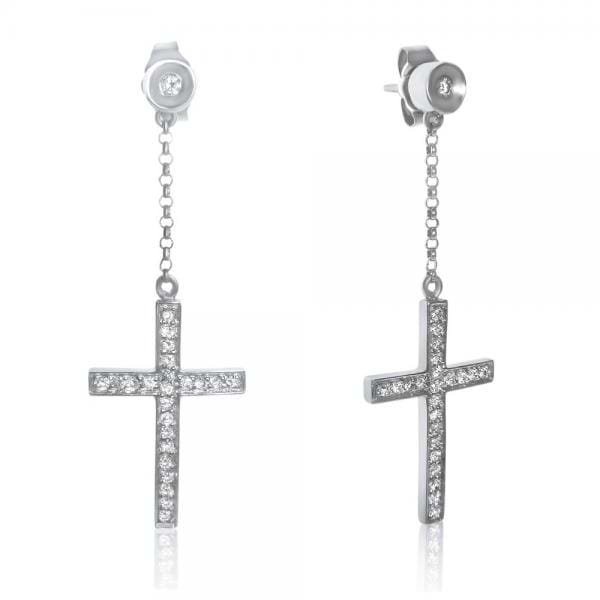 Ladies Dangling Diamond Cross Earrings in 14k White Gold with 0.33ct