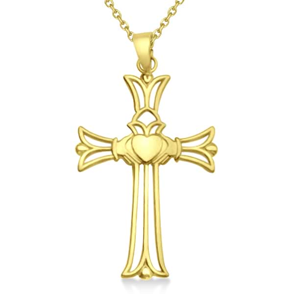 Claddagh Celtic Cross Pendant Necklace in 14k Yellow Gold
