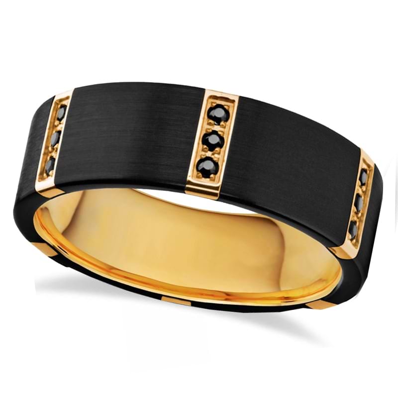 Brushed Gold Plated Bezels & Black Diamond Tungsten Wedding Band (8mm)