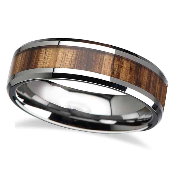 Beveled Edges and Real Zebra Wood Inlay Tungsten Wedding Band (4mm)