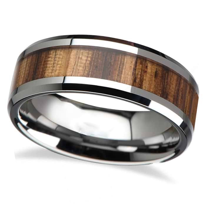 Beveled Edges and Real Zebra Wood Inlay Tungsten Wedding Band (6mm)