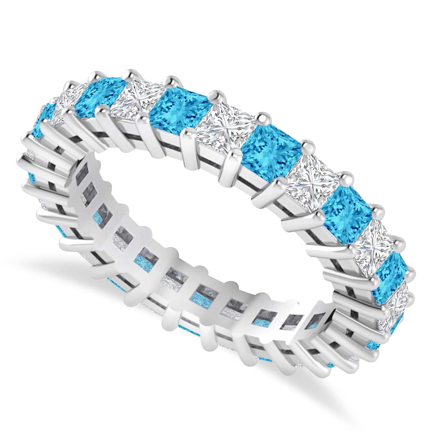 Princess Cut Diamond & Blue Topaz Eternity Wedding Band 14k White Gold (2.60ct)