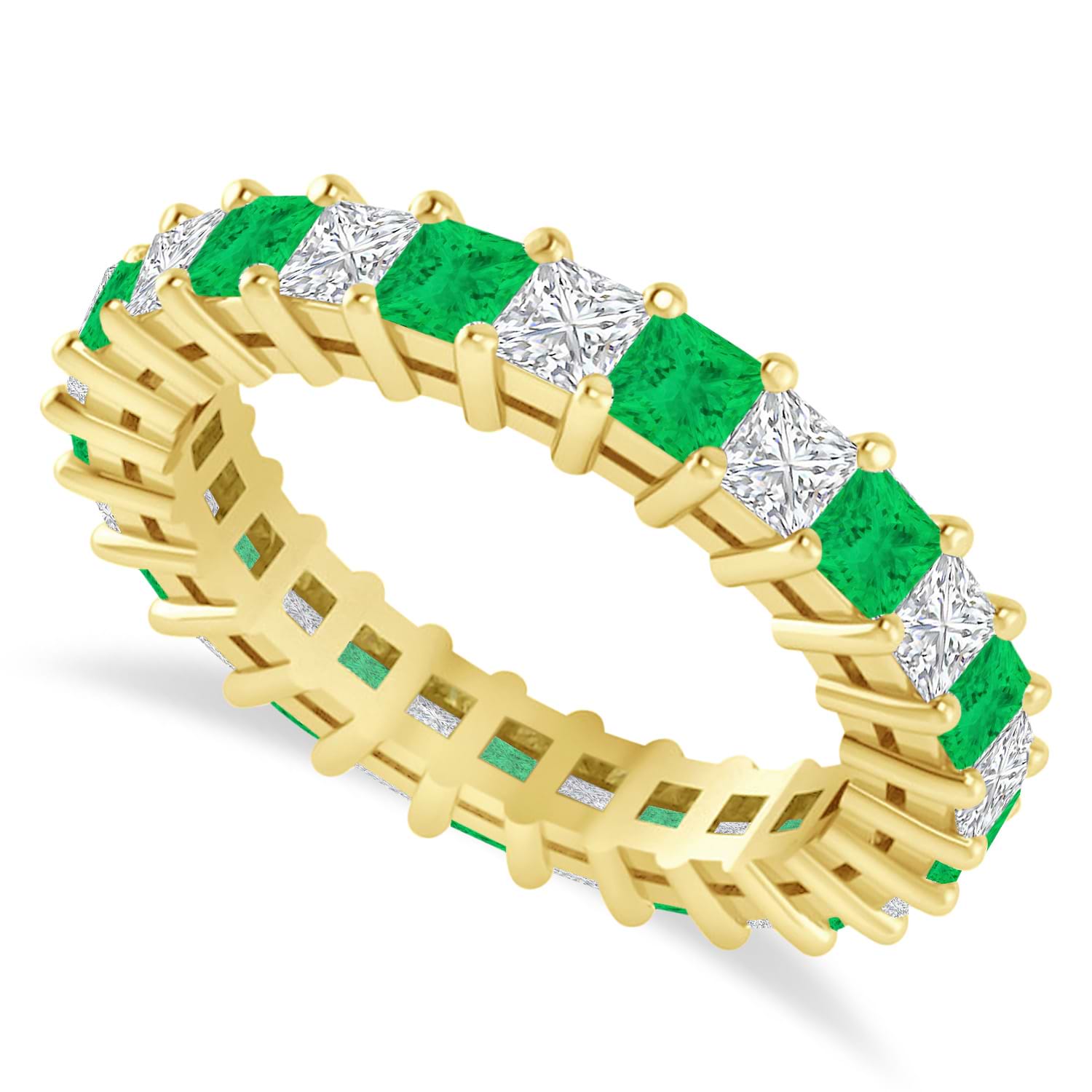 Princess Cut Diamond & Emerald Eternity Wedding Band 14k Yellow Gold (2.60ct)
