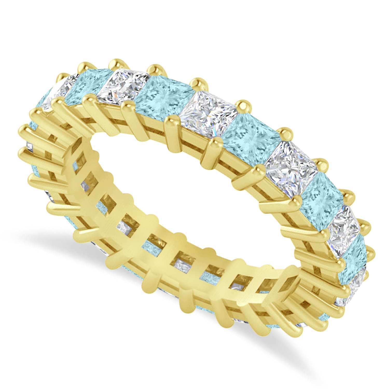 Princess Diamond & Aquamarine Wedding Band 14k Yellow Gold (3.12ct)