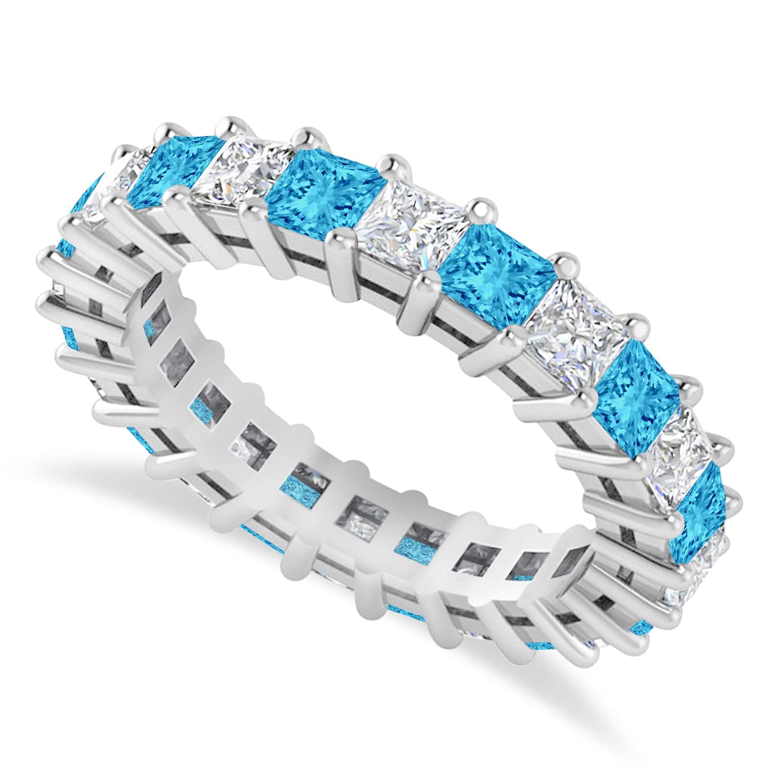 Princess Diamond & Blue Topaz Wedding Band 14k White Gold (3.12ct)