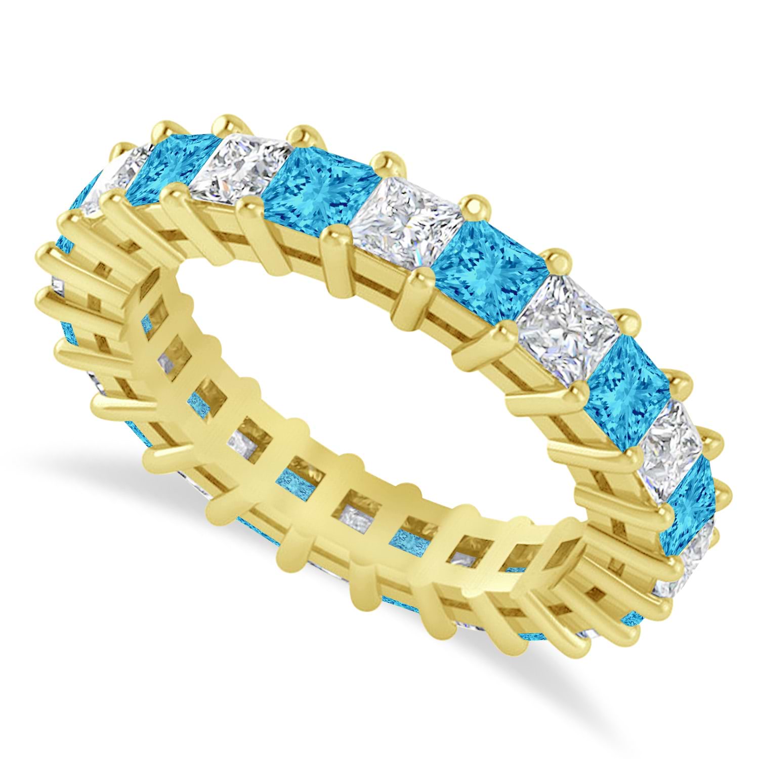 Princess Diamond & Blue Topaz Wedding Band 14k Yellow Gold (3.12ct)