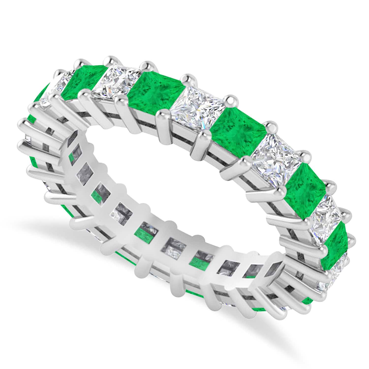 Princess Diamond & Emerald Wedding Band 14k White Gold (3.12ct)