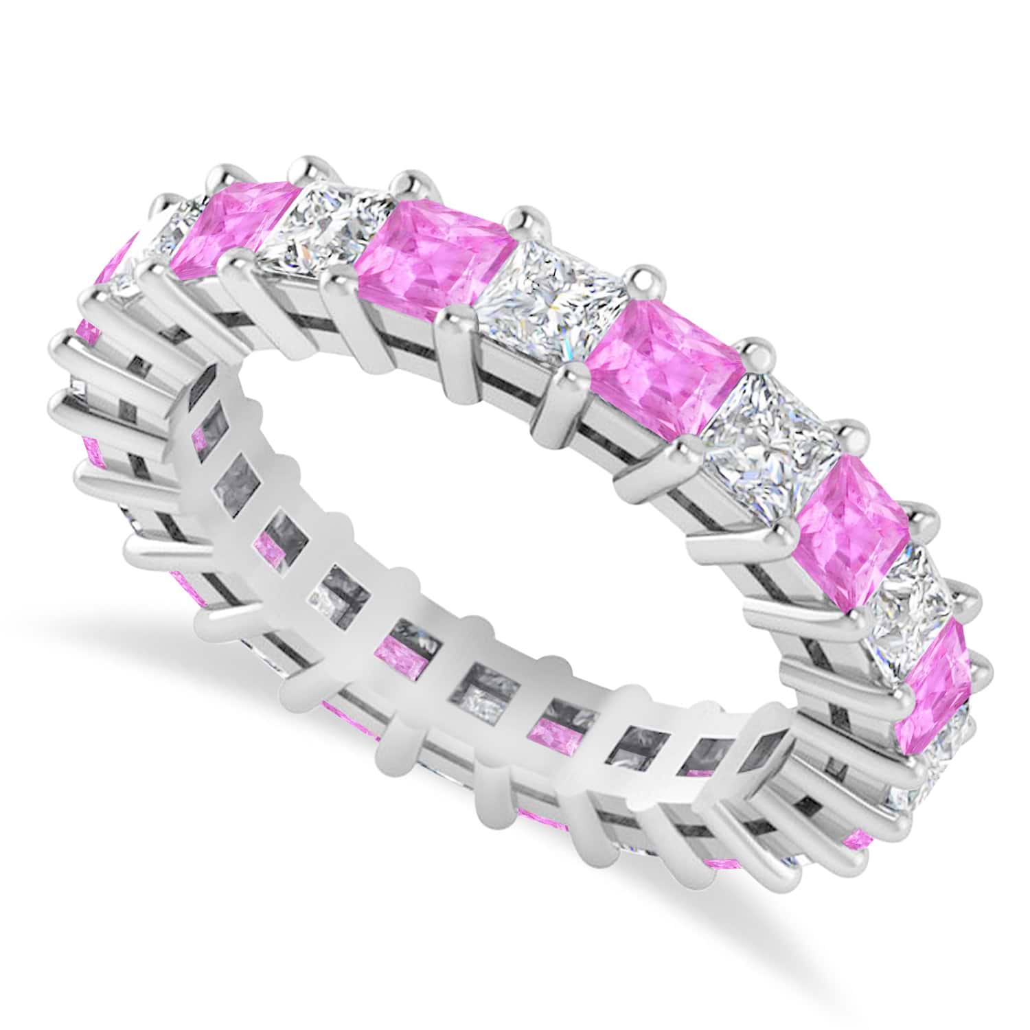 Princess Diamond & Pink Sapphire Wedding Band 14k White Gold (3.12ct)