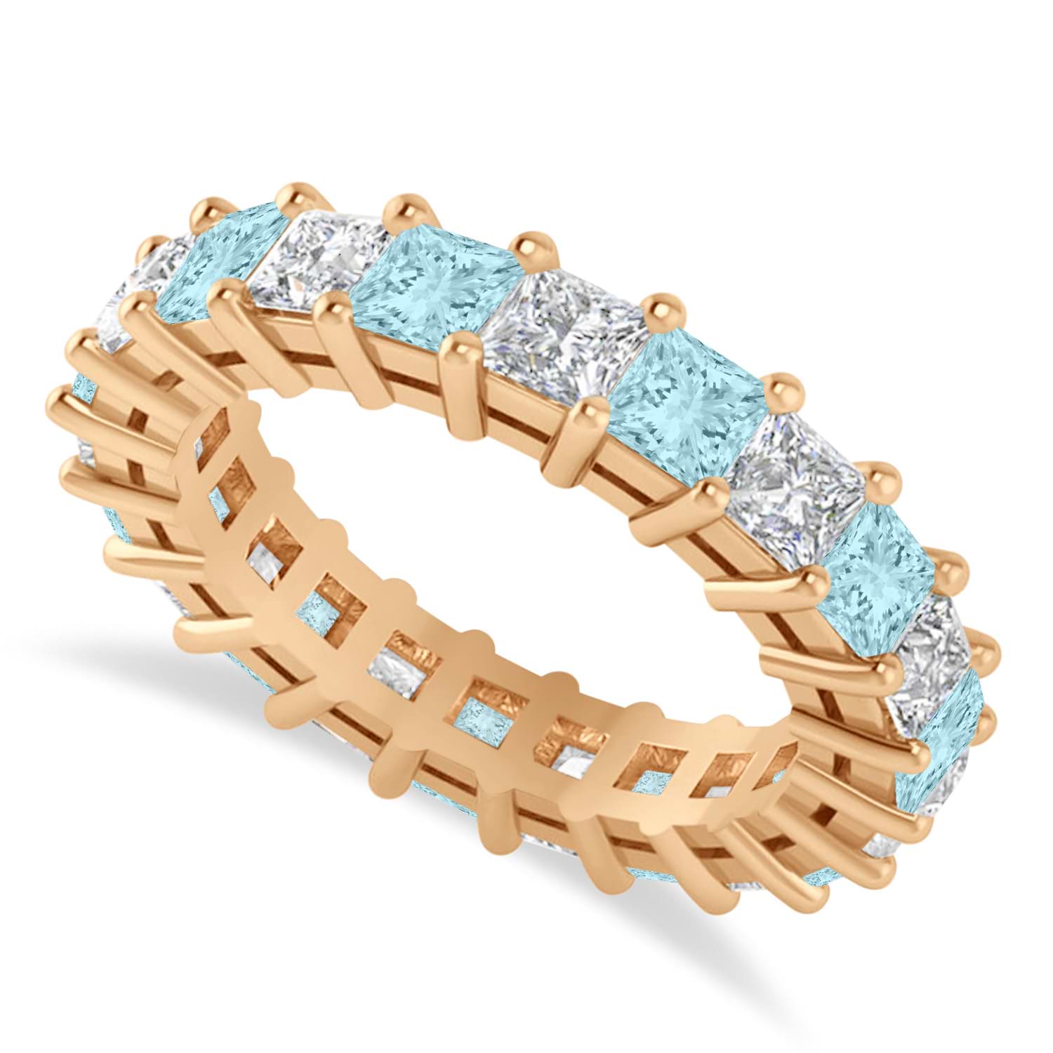 Princess Diamond & Aquamarine Wedding Band 14k Rose Gold (4.18ct)