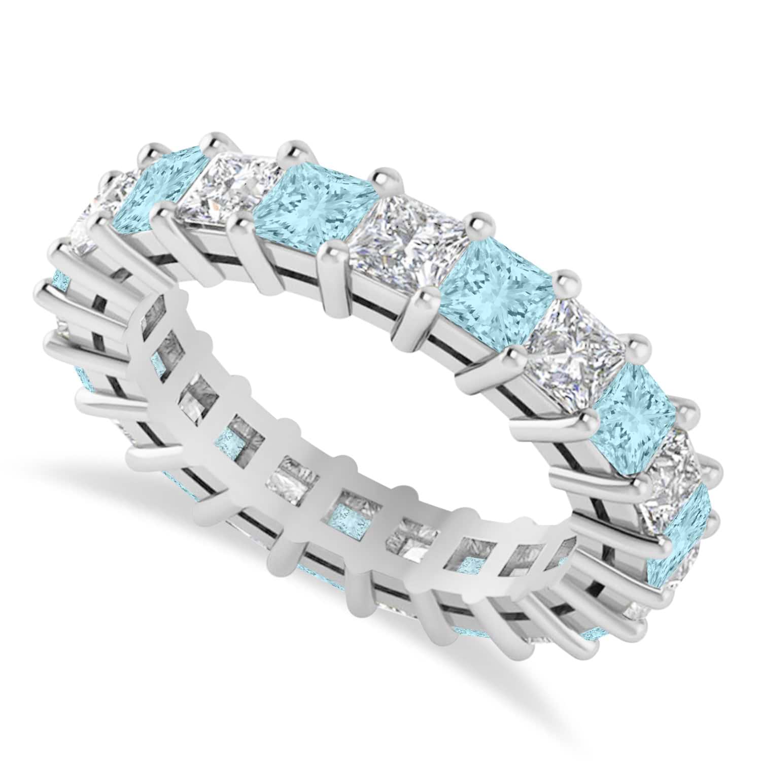Princess Diamond & Aquamarine Wedding Band 14k White Gold (4.18ct)