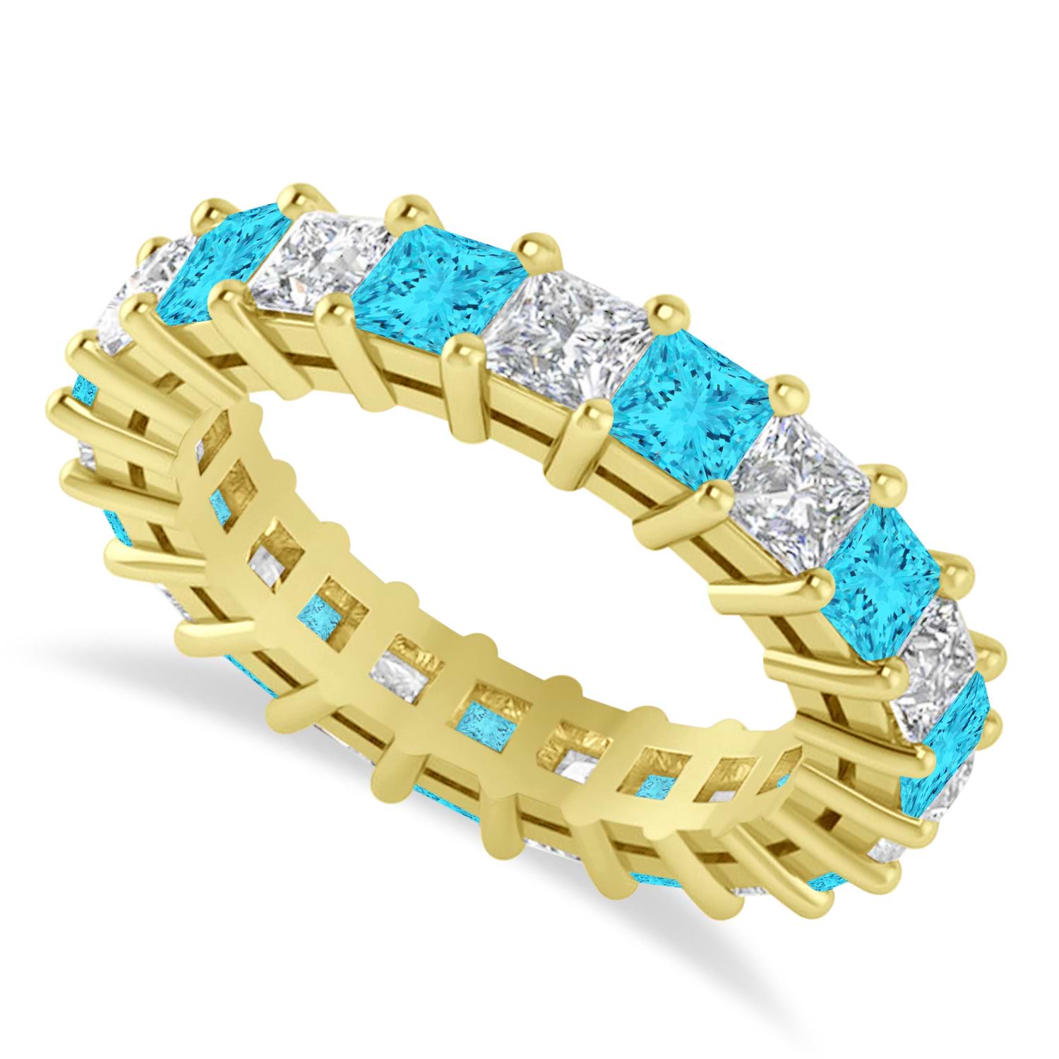 Princess Blue & White Diamond Wedding Band 14k Yellow Gold (3.96ct)