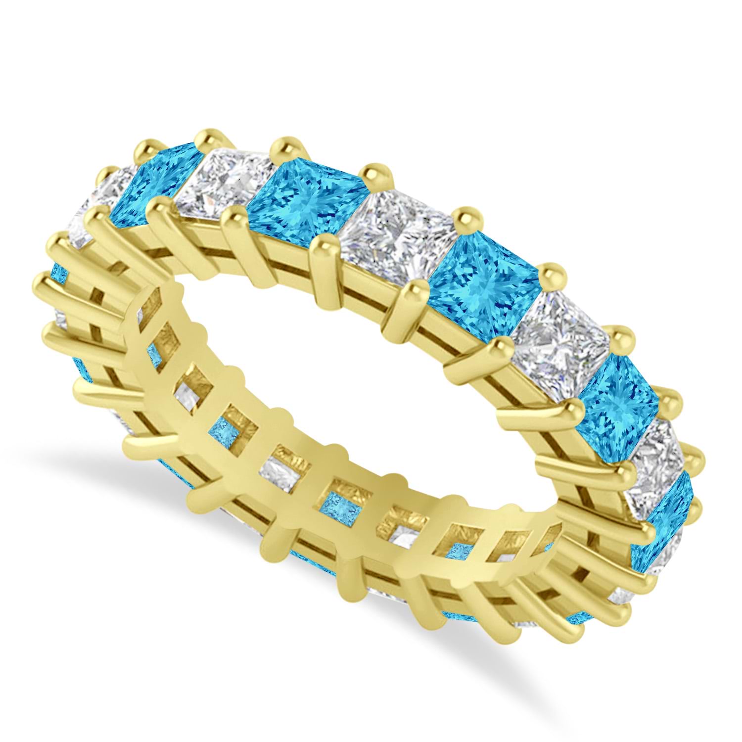 Princess Diamond & Blue Topaz Wedding Band 14k Yellow Gold (4.18ct)