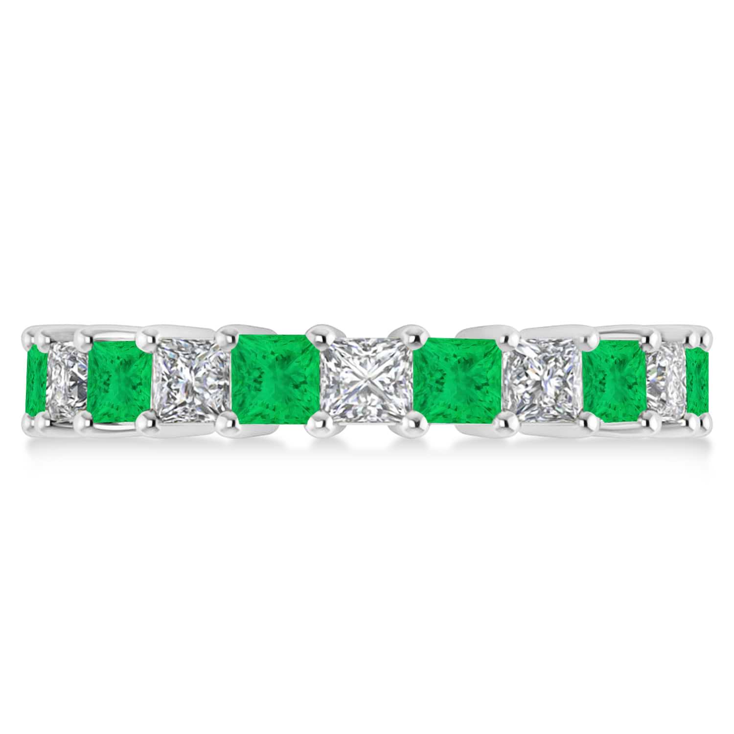 Princess Diamond & Emerald Wedding Band 14k White Gold (4.18ct)