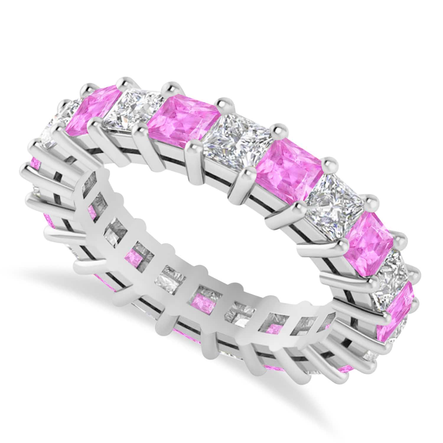 Princess Diamond & Pink Sapphire Wedding Band 14k White Gold (4.18ct)
