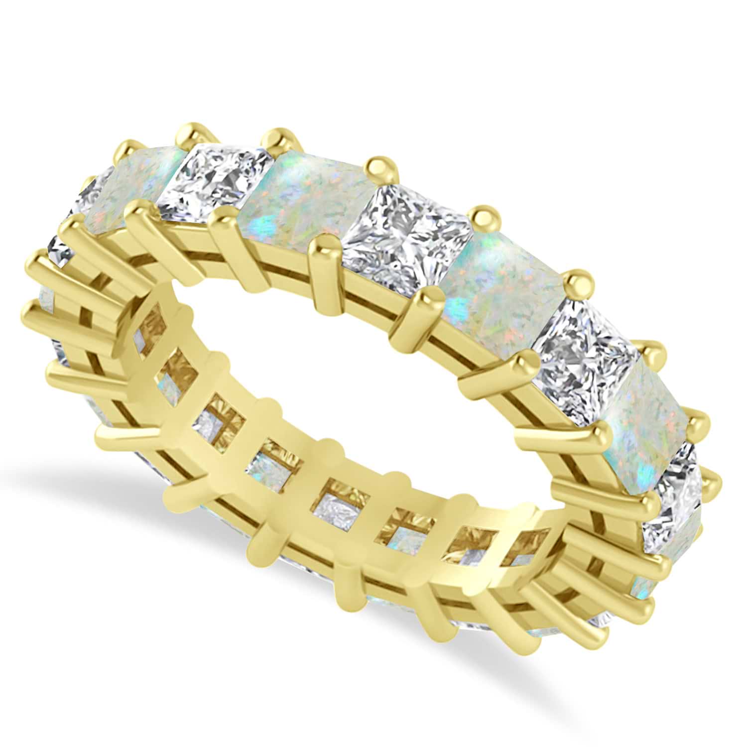 Princess Cut Diamond & Opal Eternity Wedding Band 14k Yellow Gold (5.40ct)