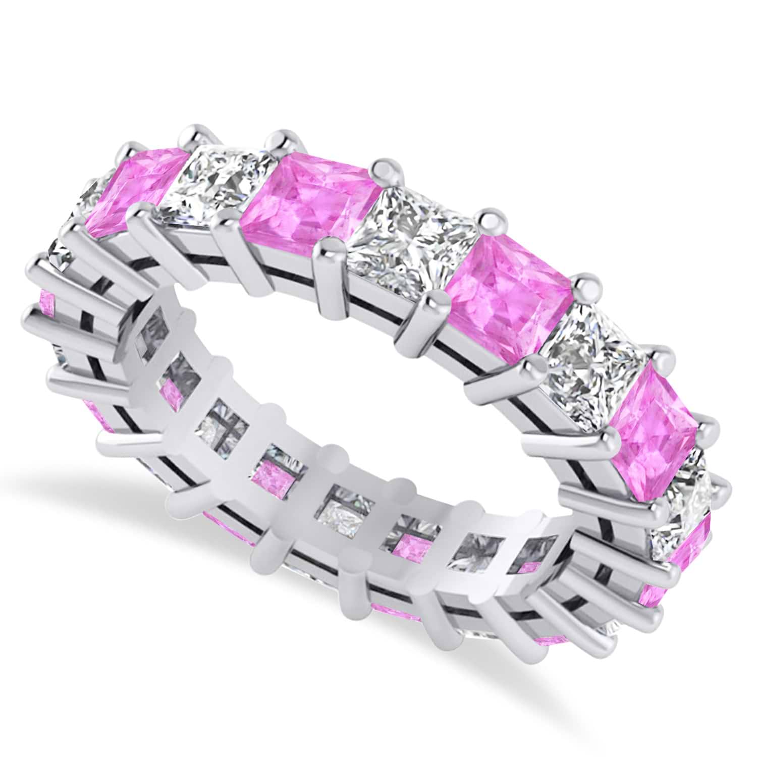 Princess Cut Diamond & Pink Sapphire Eternity Wedding Band 14k White Gold (5.40ct)