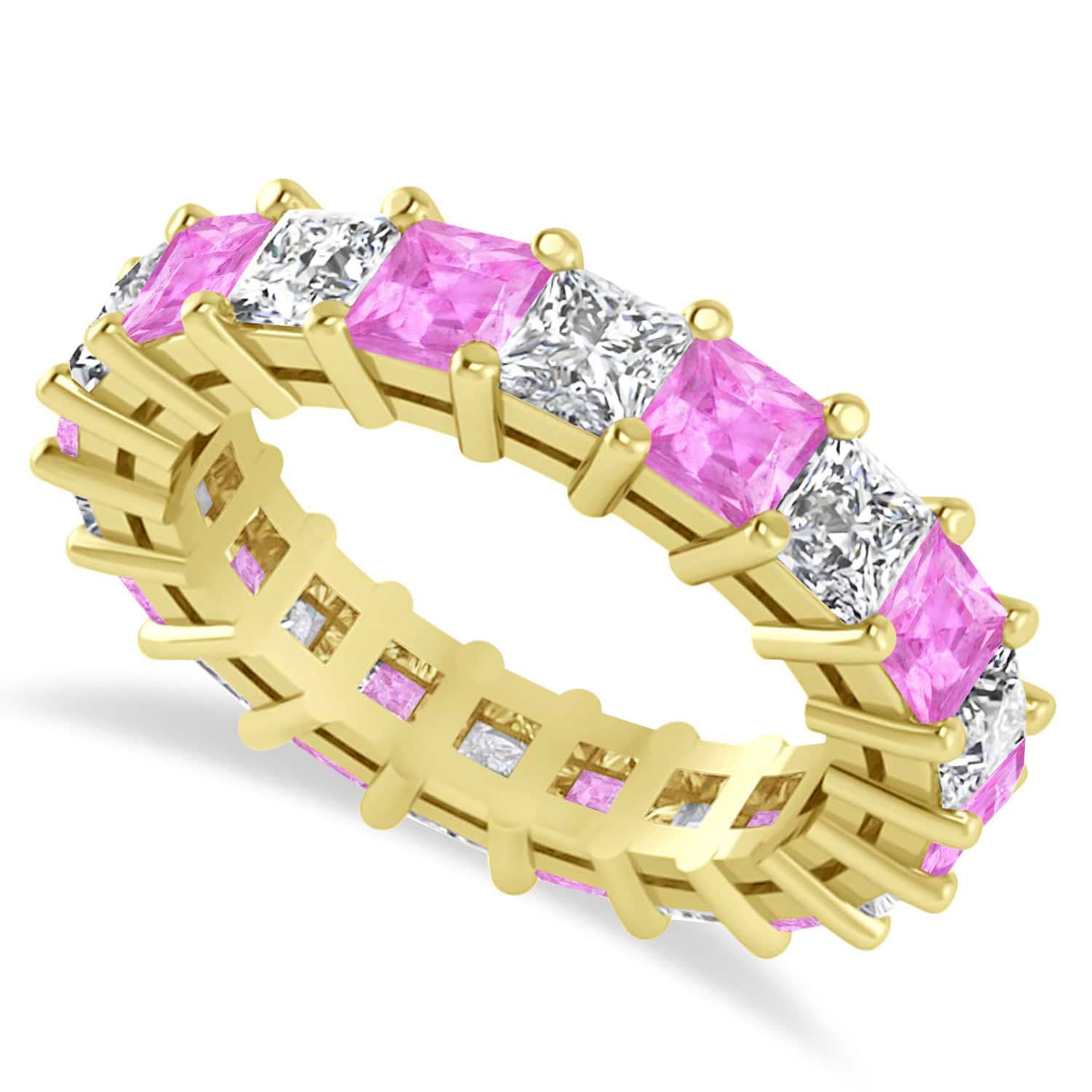 Princess Cut Diamond & Pink Sapphire Eternity Wedding Band 14k Yellow Gold (5.40ct)