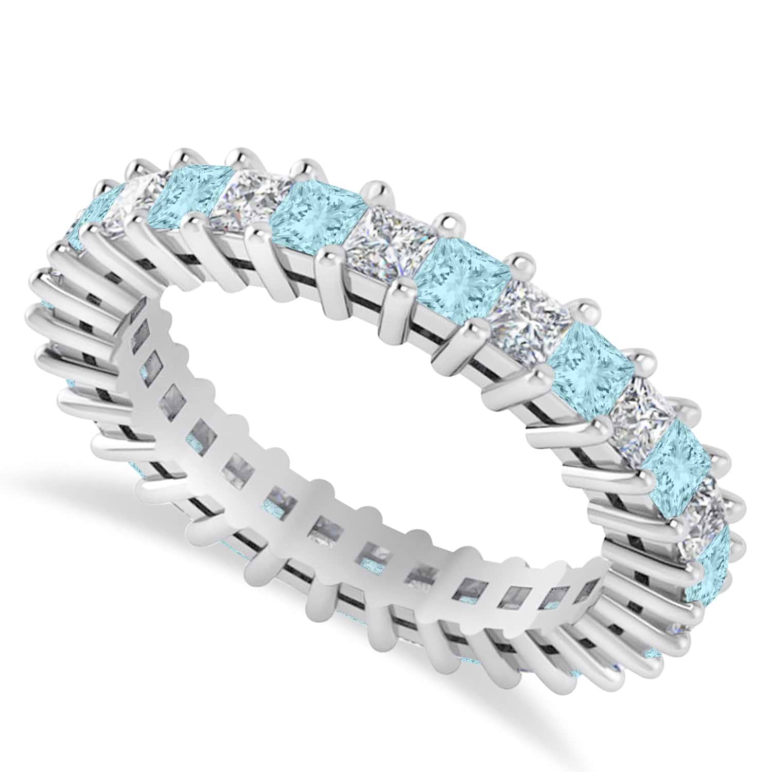 Princess Diamond & Aquamarine Wedding Band 14k White Gold (2.32ct)
