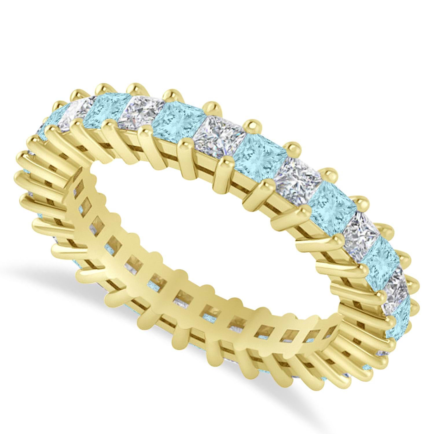 Princess Diamond & Aquamarine Wedding Band 14k Yellow Gold (2.32ct)