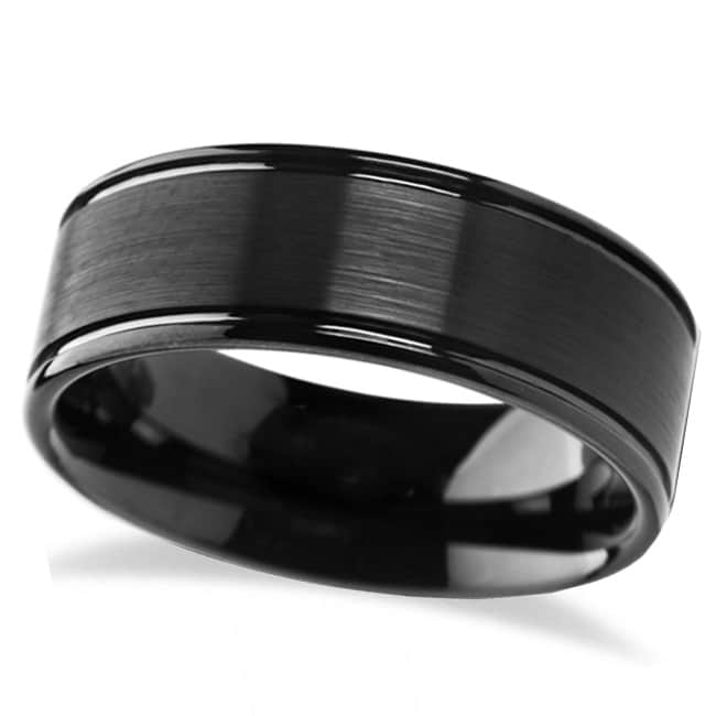 Flat Brushed Finish Center Black Tungsten Carbide Wedding Band (8mm)