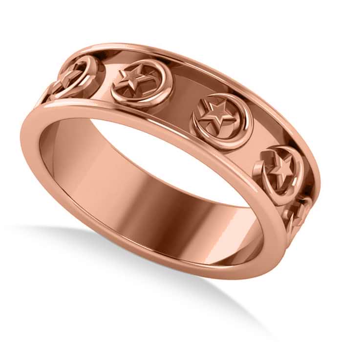 Crescent Moon and Star Wedding Band 14k Rose Gold