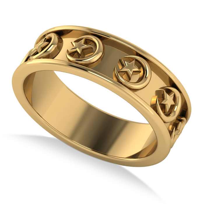 Crescent Moon and Star Wedding Band 14k Yellow Gold