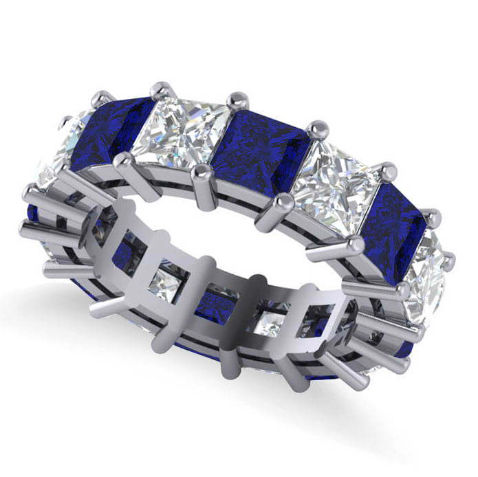 Princess Diamond & Blue Sapphire Wedding Band 14k White Gold (10.08ct)