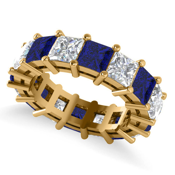 Princess Diamond & Blue Sapphire Wedding Band 14k Yellow Gold (10.08ct)