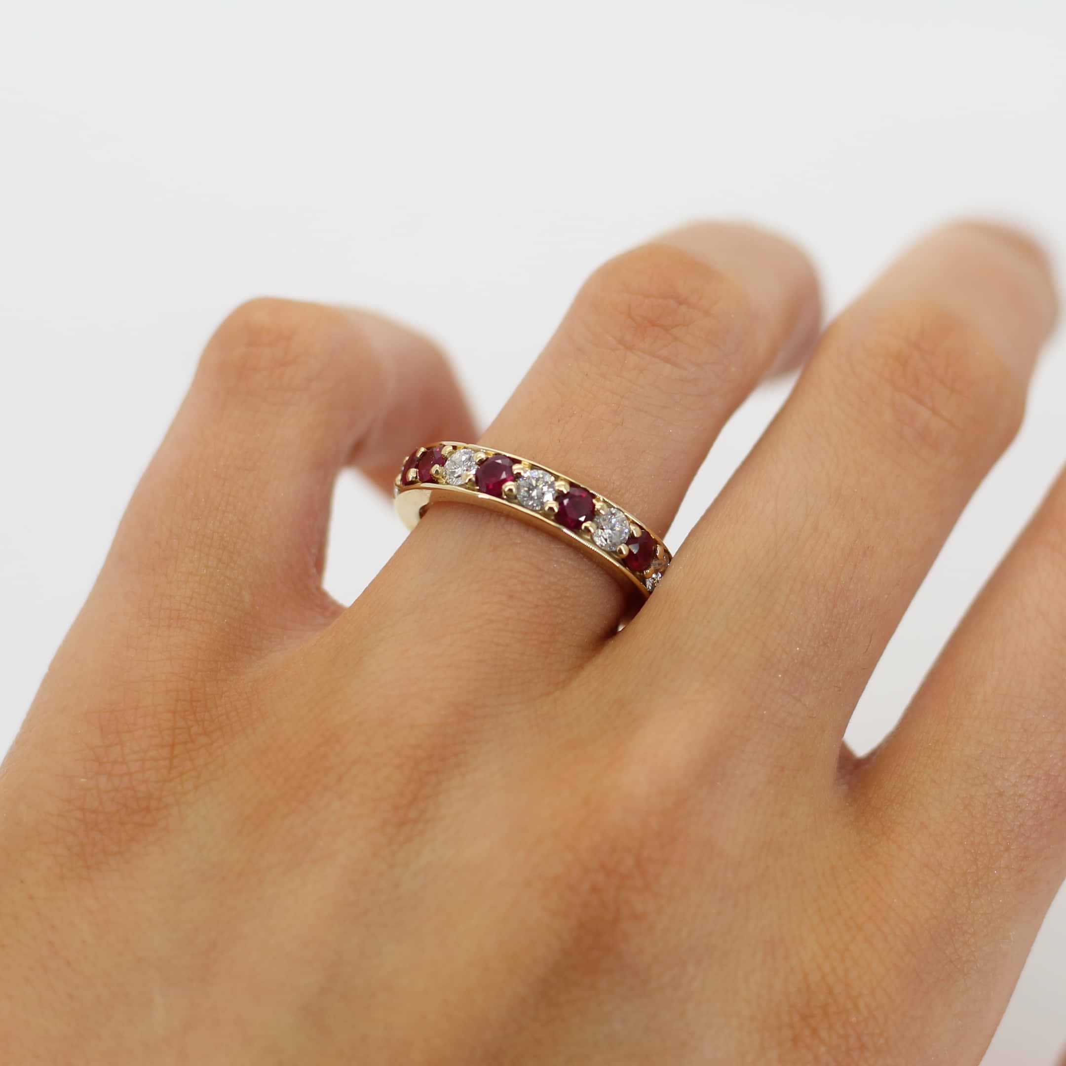 His Her Matching Wedding Ring Bands in 18k Gold Ruby Diamond Ring