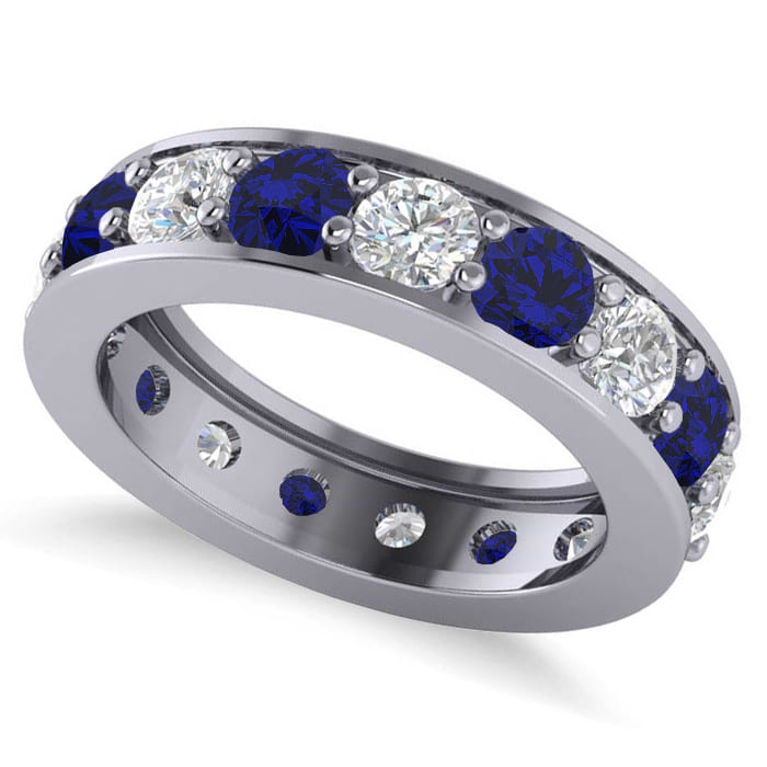 Diamond & Blue Sapphire Eternity Channel Wedding Band 14k White Gold (4.21ct)