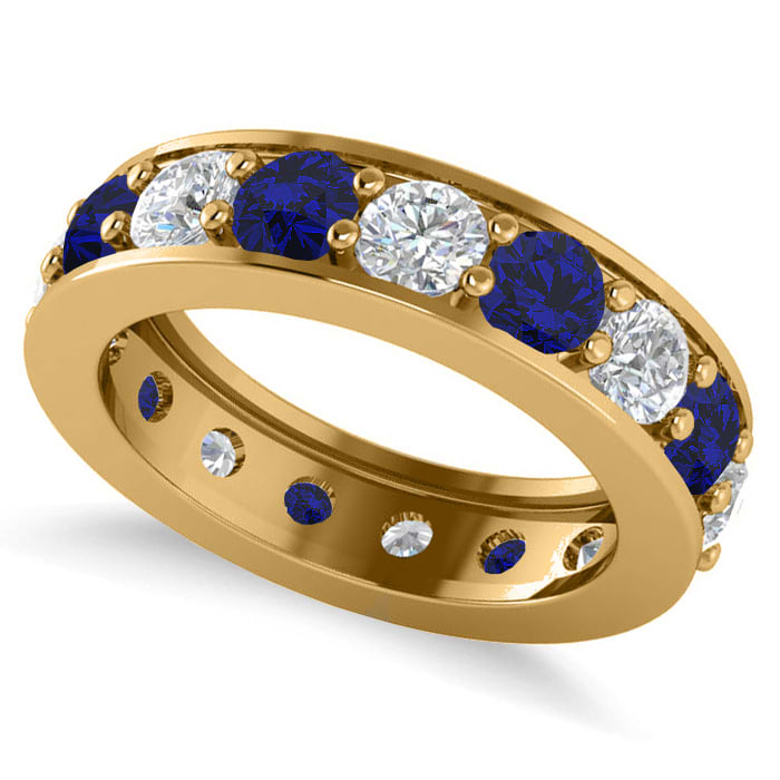Diamond & Blue Sapphire Eternity Channel Wedding Band 14k Yellow Gold (4.21ct)