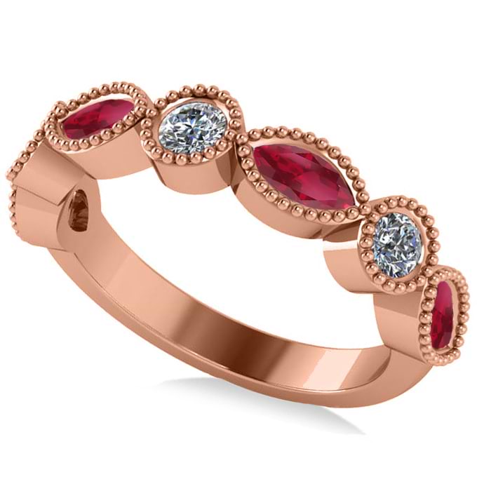 Marquise & Round Diamond & Ruby Band 14k Rose Gold (0.90ct)